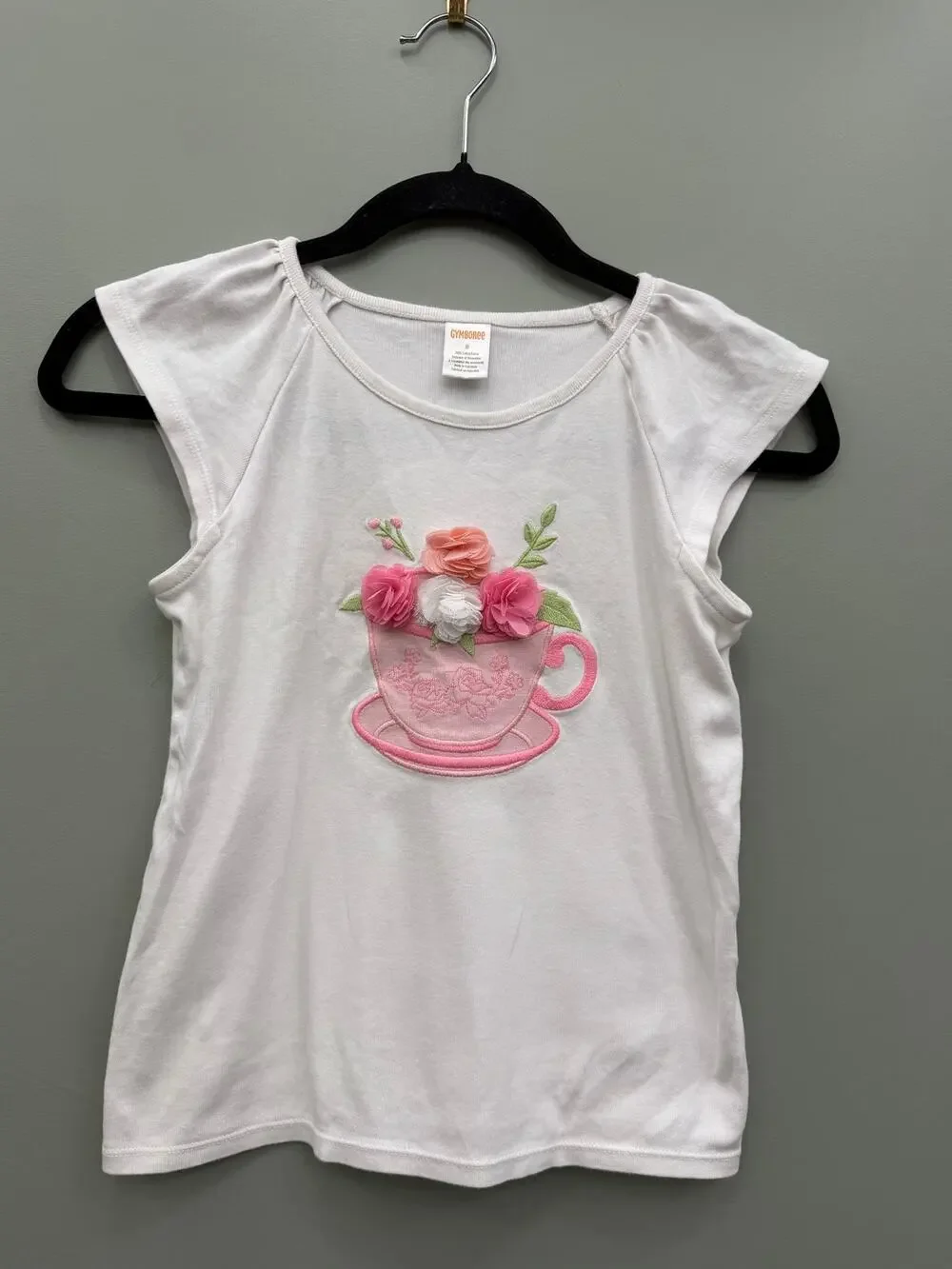 Gymboree Girls Floral Teacup Appliqué Top Size 8 Cottagecore Pink Rosette Tee